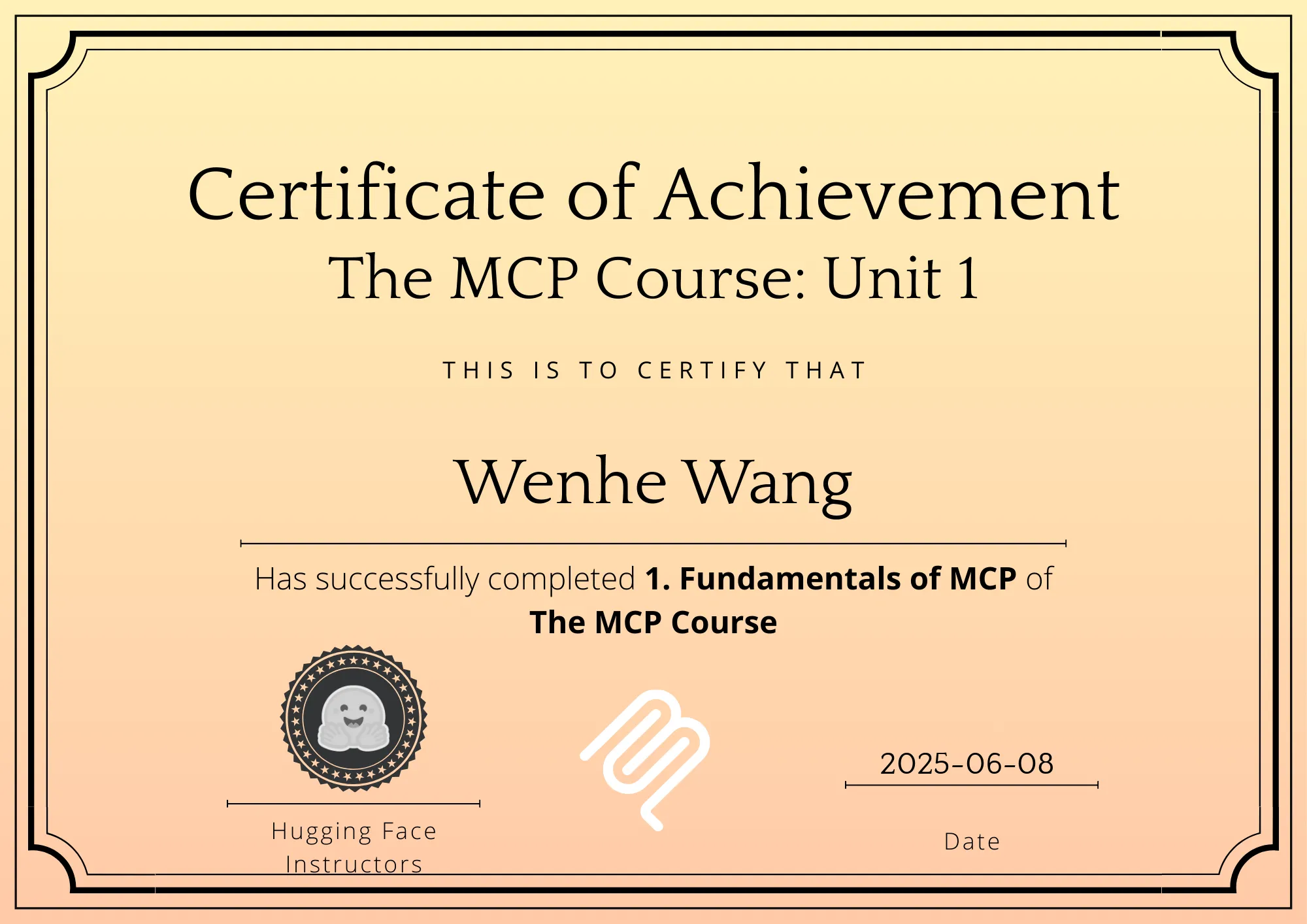 Hugging Face MCP Course Certificate of Achievement